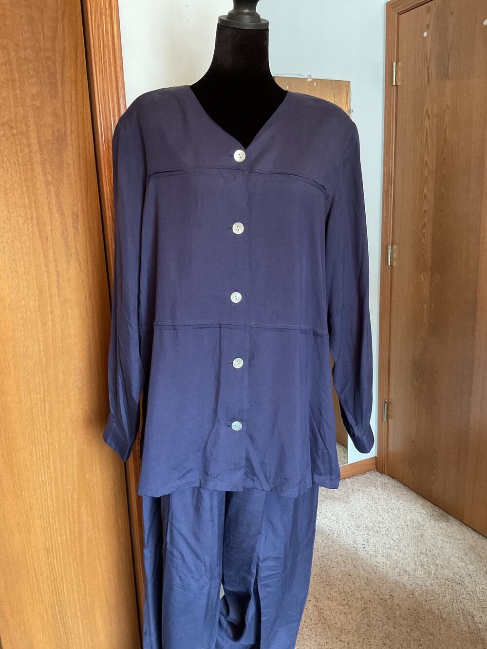 JKLA California 100% Silk 2 Piece Set L Navy Blue Panelled Blouse Pants Set Y2K